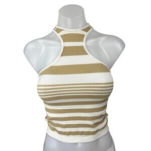 Stradivarius Gold White Striped Sleeveless Racerback Rib Knit Tank Crop Top XS